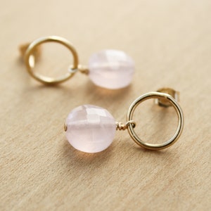 Rose Quartz Earrings Stud . Gold Circle Earrings with Gemstones . Geometric Stud Earrings in 14k Gold Fill NEW image 2