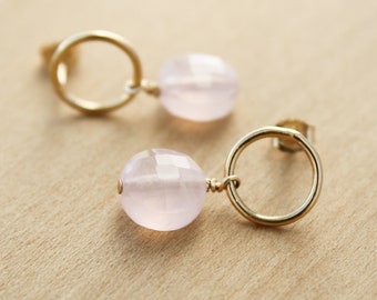 Rose Quartz Circle Studs in 14k Gold Fill for Unconditional Love
