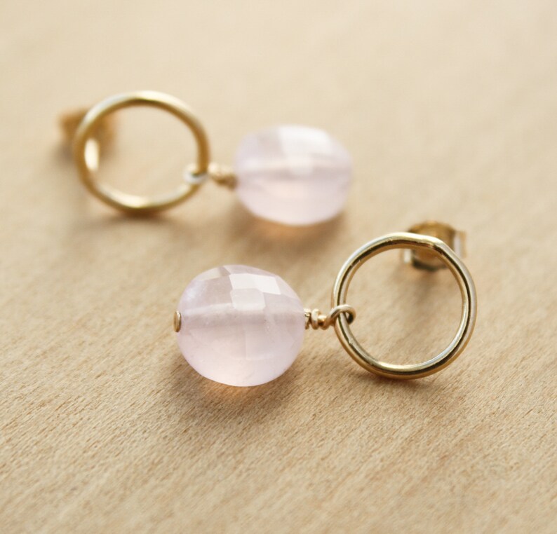 Rose Quartz Earrings Stud . Gold Circle Earrings with Gemstones . Geometric Stud Earrings in 14k Gold Fill NEW image 2
