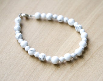 Howlite Bracelet for Men and Women . Anxiety Bracelet . White Howlite Bead Bracelet with Sterling Silver Clasp