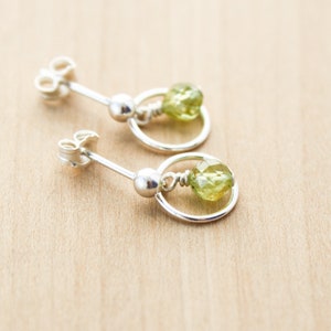 Peridot Stud Earrings Dangle . Hoop Stud Earrings . August Birthstone Earrings in Sterling Silver image 2