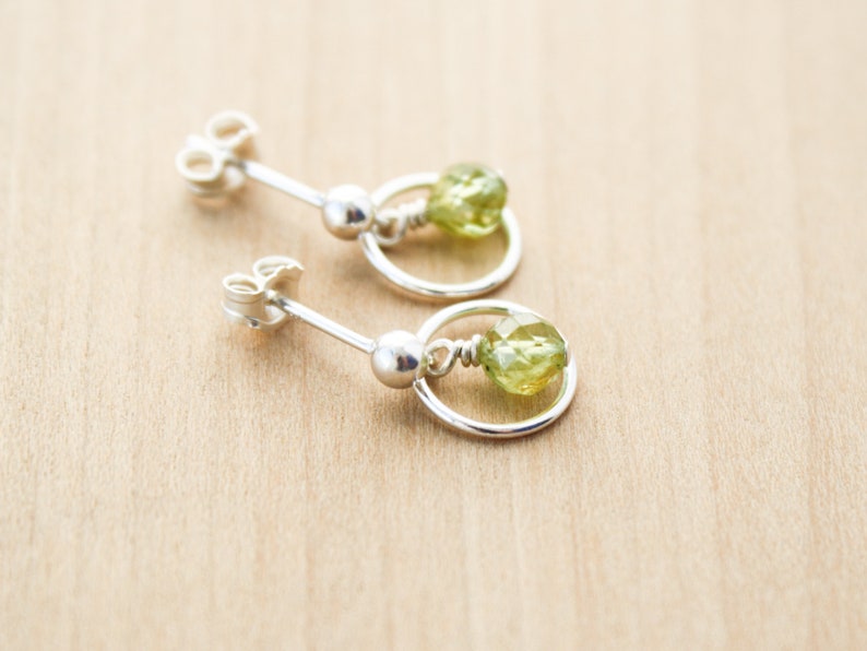 Peridot Stud Earrings Dangle . Hoop Stud Earrings . August Birthstone Earrings in Sterling Silver image 2