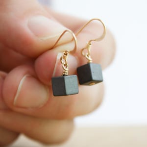 Hematite Cube Earrings: Minimalist 14k Gold Fill Dangles