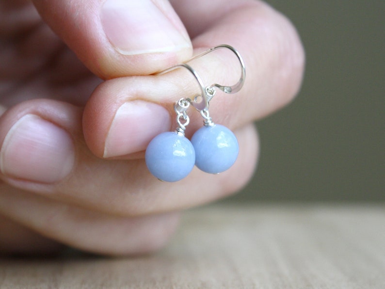 Angelite Earrings 925 Sterling Silver . Cornflower Blue Stone Dangle Earrings . Round Gemstone Earrings image 1