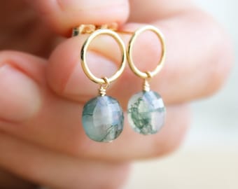 Moss Agate Circle Stud Earrings in 14k Gold Fill for a Mental, Physical, and Soul Filling Refresh