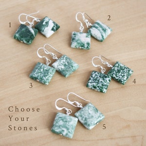 Green Agate Dangle Earrings . Square Stone Earrings in Sterling Silver . Tree Agate Earrings . Green Gemstone Earrings image 6