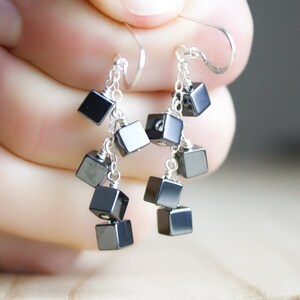 Hematite Earrings Dangle . Anxiety Relief Crystal Earrings . Gemstone Cluster Earrings Silver . Square Earrings image 9