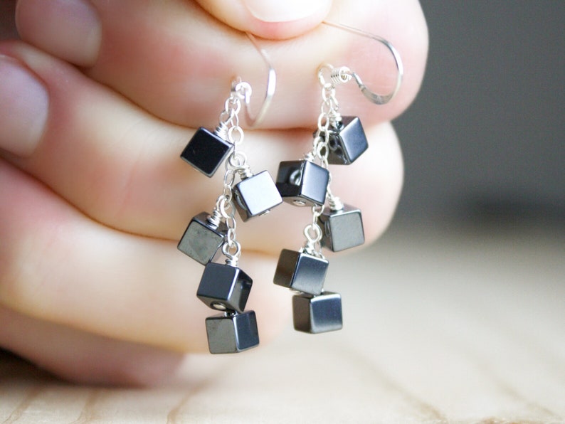 Hematite Earrings Dangle . Anxiety Relief Crystal Earrings . Gemstone Cluster Earrings Silver . Square Earrings image 9