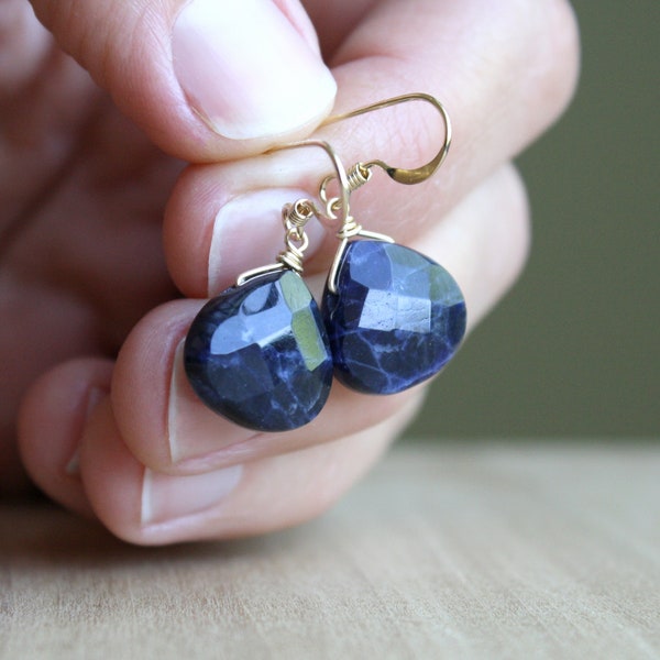 Sodalite Earrings . Blue Stone Earrings Dangle . Gold Gemstone Earrings Drop