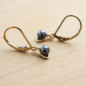 Hematite Earrings . Triangle Earrings Gold . Dainty Leverback Earrings in 14k Gold Fill NEW image 8