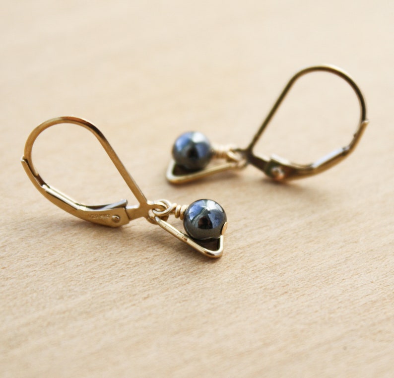 Hematite Earrings . Triangle Earrings Gold . Dainty Leverback Earrings in 14k Gold Fill NEW image 8