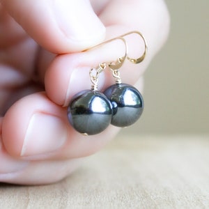 Hematite Earrings Dangle . Healing Stone for Anxiety Relief Earrings . Dark Grey Earring . Round Stone Earrings Gold image 6