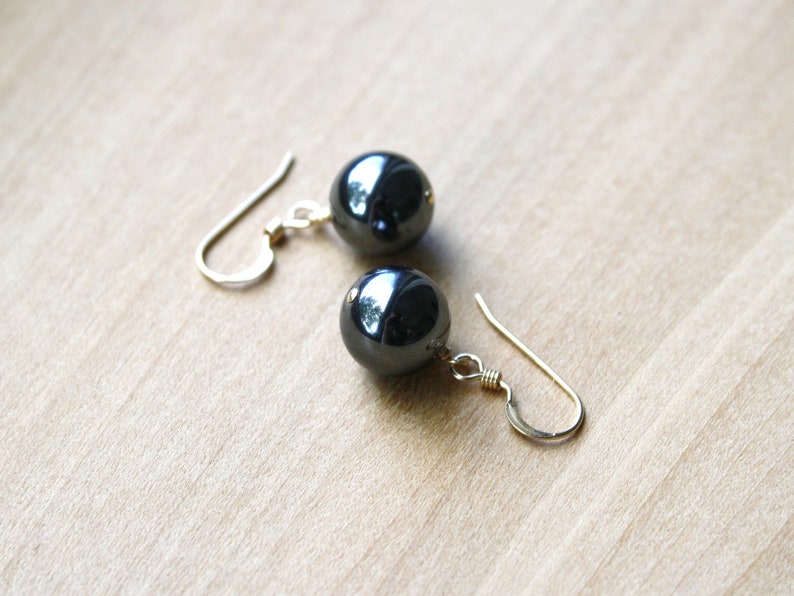 Hematite Earrings Dangle . Healing Stone for Anxiety Relief Earrings . Dark Grey Earring . Round Stone Earrings Gold image 5