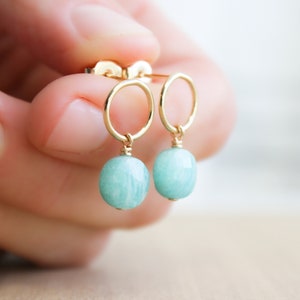 Amazonite Earrings Gold . Gold Circle Earrings with Gemstones . Geometric Stud Earrings in 14k Gold Fill NEW image 2