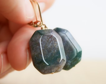 Moss Agate Lever Back Earrings in 14k Gold Fill for Prosperity and Abundance