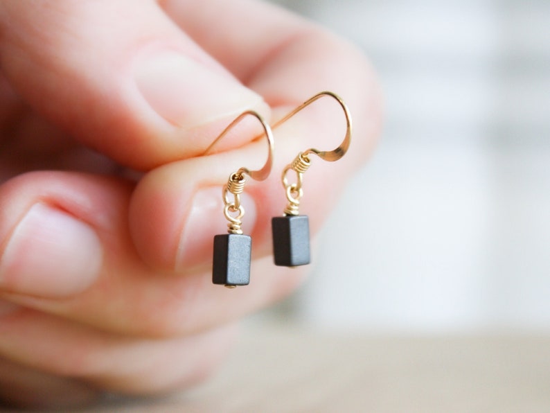 Hematite Earrings . Anxiety Earrings . Minimalist Dangle Earrings in 14k Gold Fill image 1