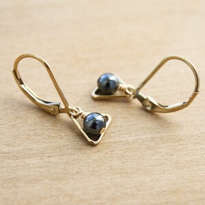 Hematite Earrings . Triangle Earrings Gold . Dainty Leverback Earrings in 14k Gold Fill NEW image 6