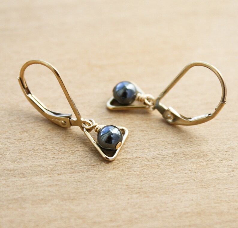 Hematite Earrings . Triangle Earrings Gold . Dainty Leverback Earrings in 14k Gold Fill NEW image 6