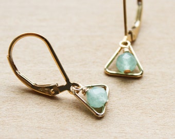 Green Aventurine Earrings Dangle . Geometric Earrings Gold . Small Gemstone Leverback Earrings in 14k Gold Fill