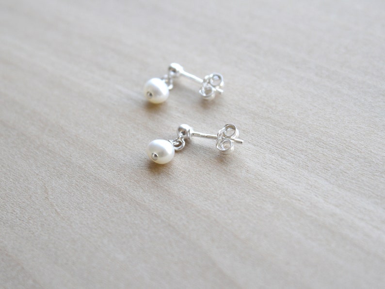 Tiny Pearl Studs . White Pearl Post Earrings . Small Pearl Earrings Dangle . Freshwater Pearl Earrings Studs image 2
