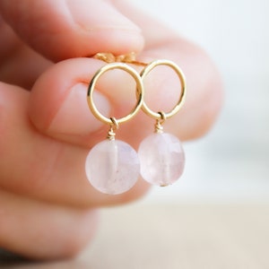 Rose Quartz Earrings Stud . Gold Circle Earrings with Gemstones . Geometric Stud Earrings in 14k Gold Fill NEW image 1