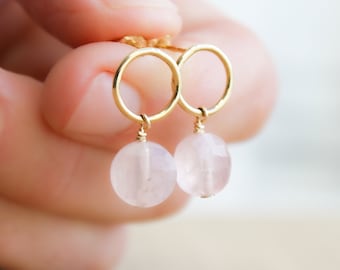Rose Quartz Earrings Stud . Gold Circle Earrings with Gemstones . Geometric Stud Earrings in 14k Gold Fill NEW