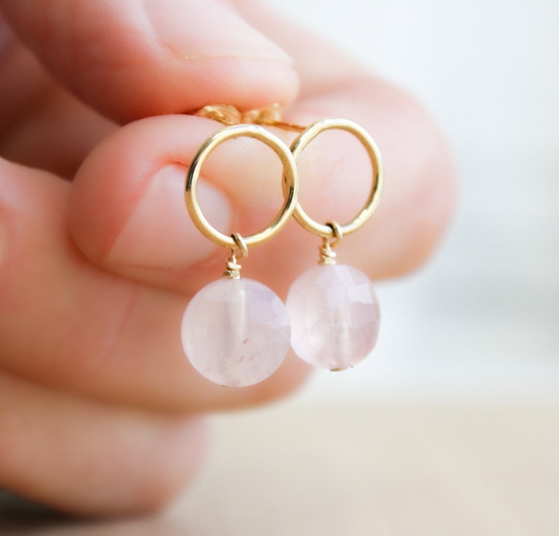 Rose Quartz Earrings Stud . Gold Circle Earrings with Gemstones . Geometric Stud Earrings in 14k Gold Fill NEW image 1