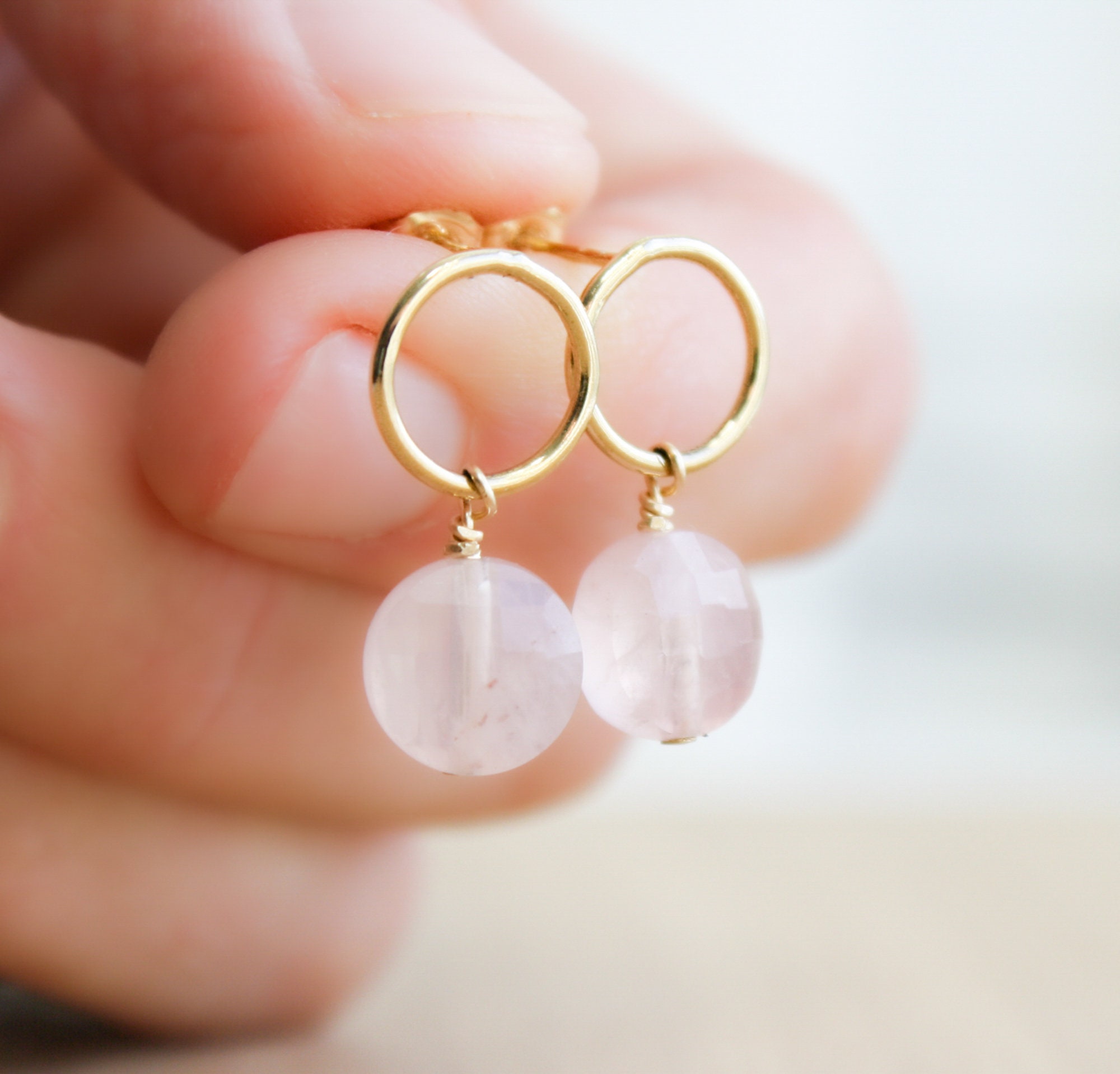 Rose Quartz Circle Studs in 14k Gold Fill for Unconditional Love NEW