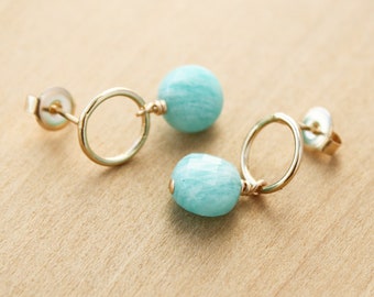 Amazonite Circle Stud Earrings in 14k Gold Fill for Anxiety Relief