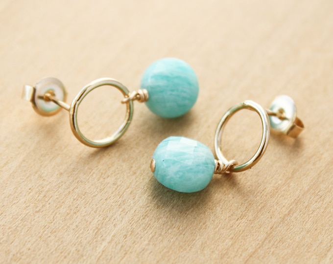 Featured listing image: Amazonite Circle Stud Earrings in 14k Gold Fill for Anxiety Relief