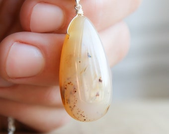 Montana Agate Necklace . Gemstone Teardrop Pendant Necklace in Sterling Silver NEW