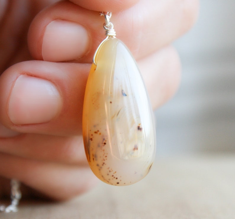 Montana Agate Necklace . Gemstone Teardrop Pendant Necklace in Sterling Silver NEW image 1