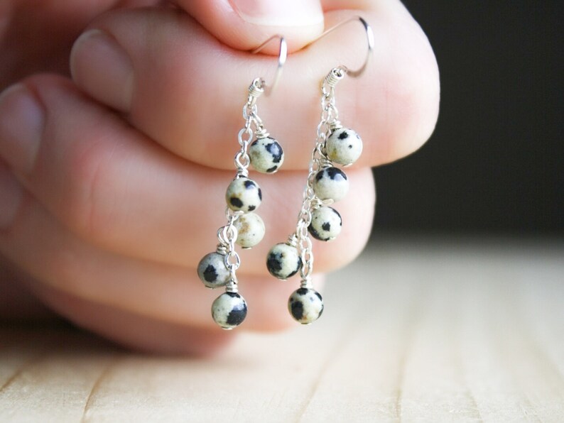 Dalmatian Jasper Earrings Dangle . Natural Gemstone Cluster Earrings in Sterling Silver image 1