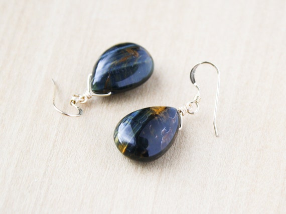 Tiger Eye Earrings Gold . Natural Gemstone Drop Earrings . Blue