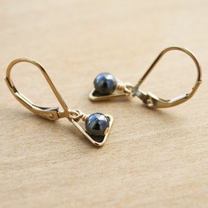 Hematite Earrings . Triangle Earrings Gold . Dainty Leverback Earrings in 14k Gold Fill NEW image 4