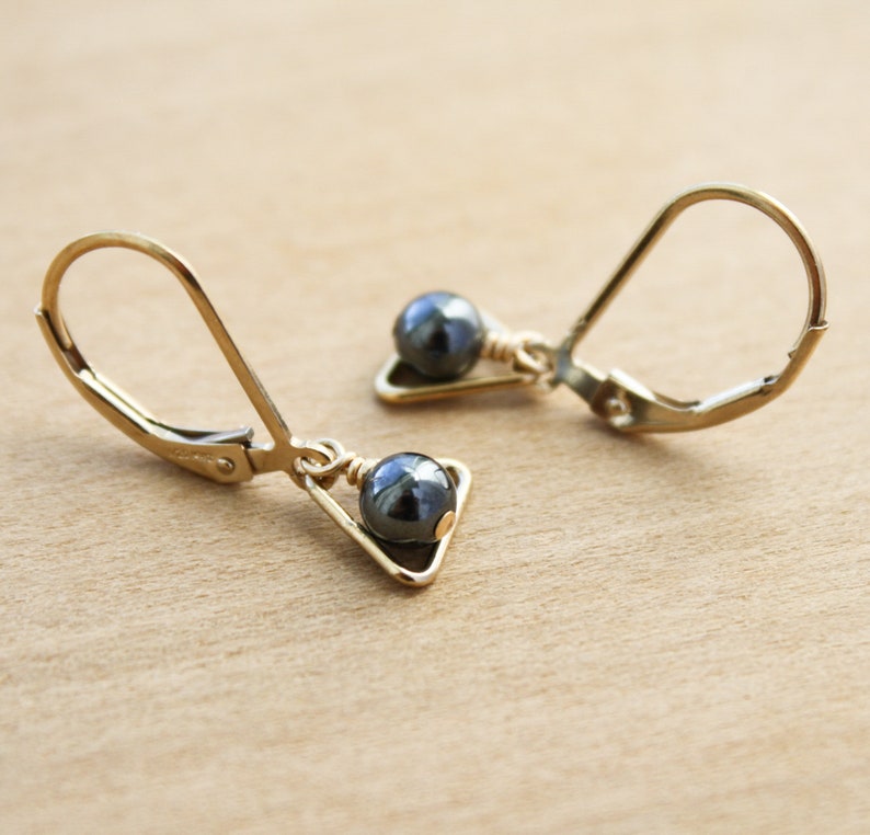 Hematite Earrings . Triangle Earrings Gold . Dainty Leverback Earrings in 14k Gold Fill NEW image 4