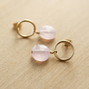 Rose Quartz Earrings Stud . Gold Circle Earrings with Gemstones . Geometric Stud Earrings in 14k Gold Fill NEW image 8