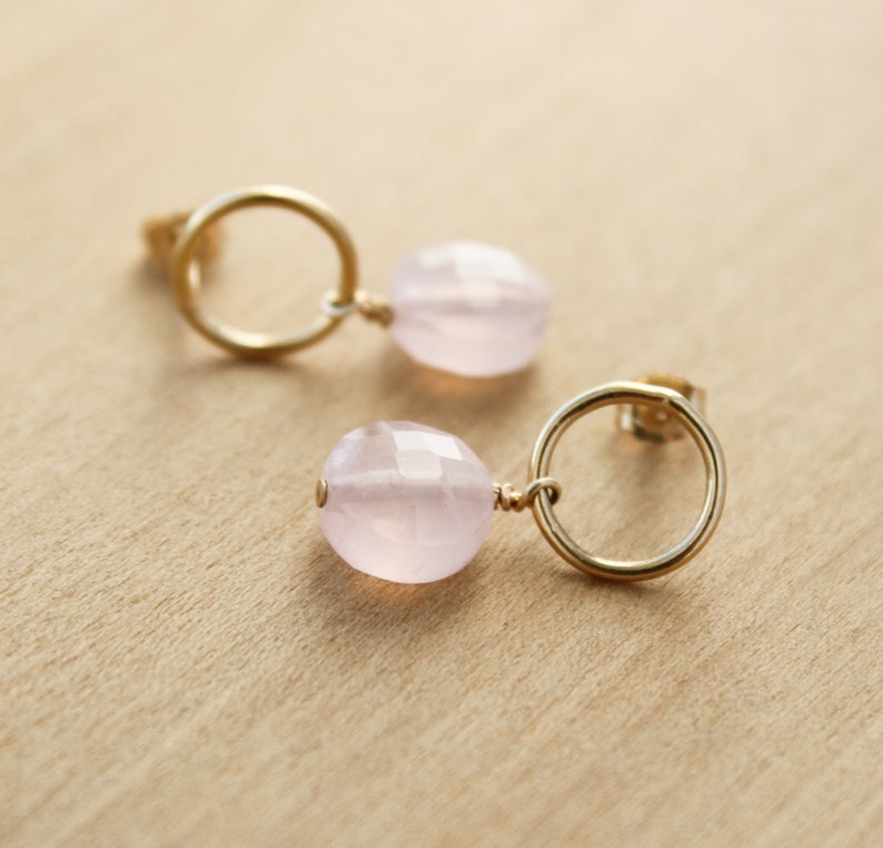 Rose Quartz Earrings Stud . Gold Circle Earrings with Gemstones . Geometric Stud Earrings in 14k Gold Fill NEW image 8