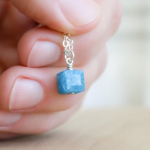 Blue Apatite Necklace . Small Stone Necklace . Cube Necklace . Natural Gemstone Pendant Necklace in Sterling Silver image 4