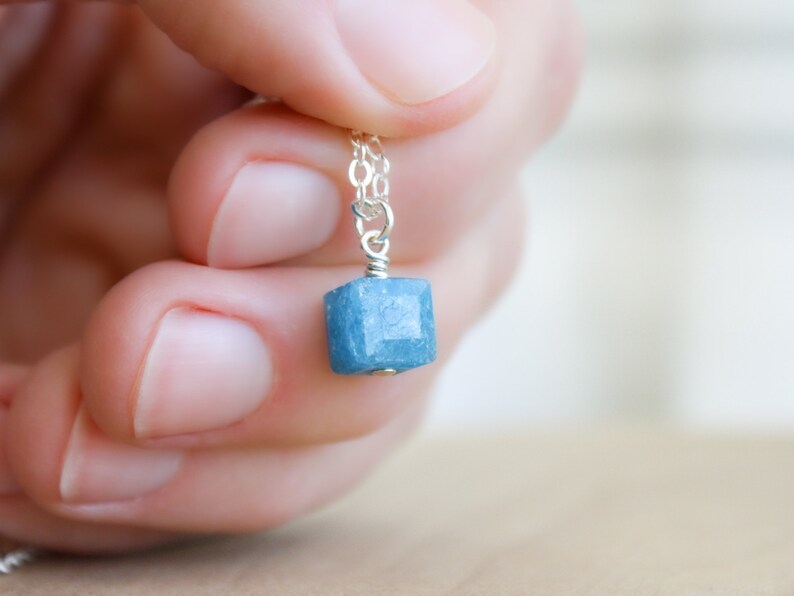 Blue Apatite Necklace . Small Stone Necklace . Cube Necklace . Natural Gemstone Pendant Necklace in Sterling Silver image 4