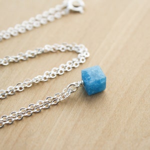 Blue Apatite Necklace . Small Stone Necklace . Cube Necklace . Natural Gemstone Pendant Necklace in Sterling Silver image 5