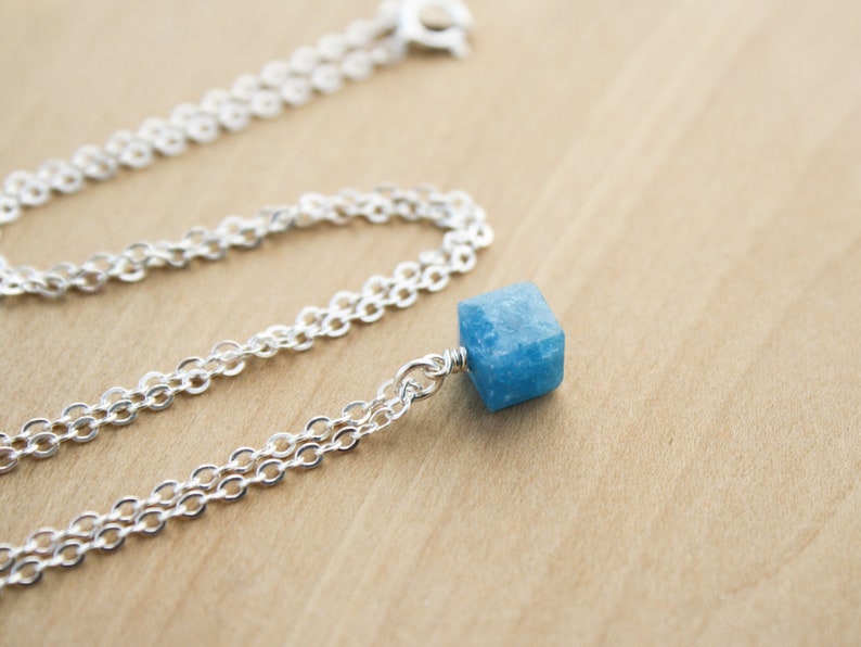 Blue Apatite Necklace . Small Stone Necklace . Cube Necklace . Natural Gemstone Pendant Necklace in Sterling Silver image 5