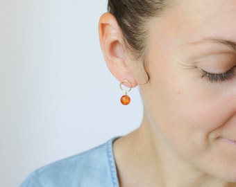 Carnelian Earrings Gold . Gold Circle Earrings with Gemstones . Geometric Stud Earrings in 14k Gold Fill NEW