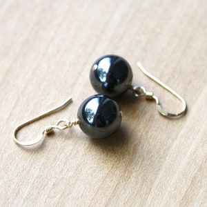 Hematite Earrings Dangle . Healing Stone for Anxiety Relief Earrings . Dark Grey Earring . Round Stone Earrings Gold image 2
