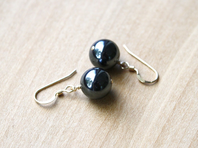 Hematite Earrings Dangle . Healing Stone for Anxiety Relief Earrings . Dark Grey Earring . Round Stone Earrings Gold image 2