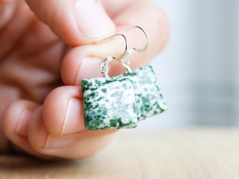 Green Agate Dangle Earrings . Square Stone Earrings in Sterling Silver . Tree Agate Earrings . Green Gemstone Earrings image 1