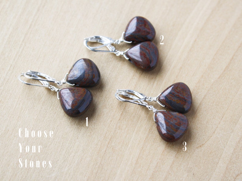 Brown Gemstone Earrings Dangle . Tiger Iron Jasper Earrings Sterling Silver . Lever Back Drop Earrings image 2