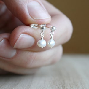 Tiny Pearl Studs . White Pearl Post Earrings . Small Pearl Earrings Dangle . Freshwater Pearl Earrings Studs image 4