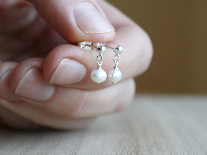 Tiny Pearl Studs . White Pearl Post Earrings . Small Pearl Earrings Dangle . Freshwater Pearl Earrings Studs image 4