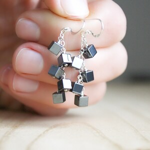 Hematite Earrings Dangle . Anxiety Relief Crystal Earrings . Gemstone Cluster Earrings Silver . Square Earrings image 6